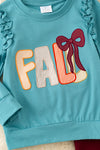 Fall applique on blue sweatshirt with burgundy pants w/open front. OFG61413 SOL
