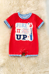 "Fire it up" Red baby romper with gingham trim. RPB60479 SOL