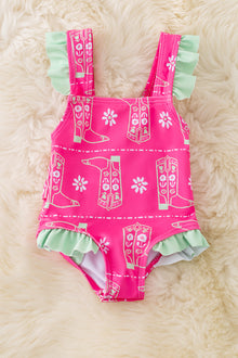  Baby Fuchsia boot/western printed swimsuit with mint ruffle trim. SWG50174 SOL