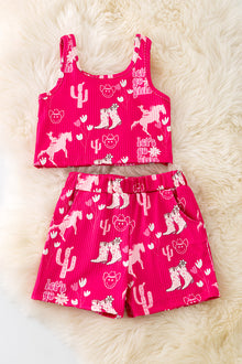  Fuchsia cowgirl printed 2 piece set. OFG50831 AMY