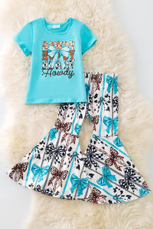  Howdy, printed turquoise tee & bow bell pants. OFG50915 SOL