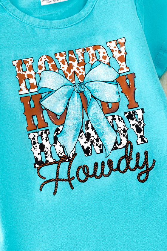 Howdy, printed turquoise tee & bow bell pants. OFG50915 SOL