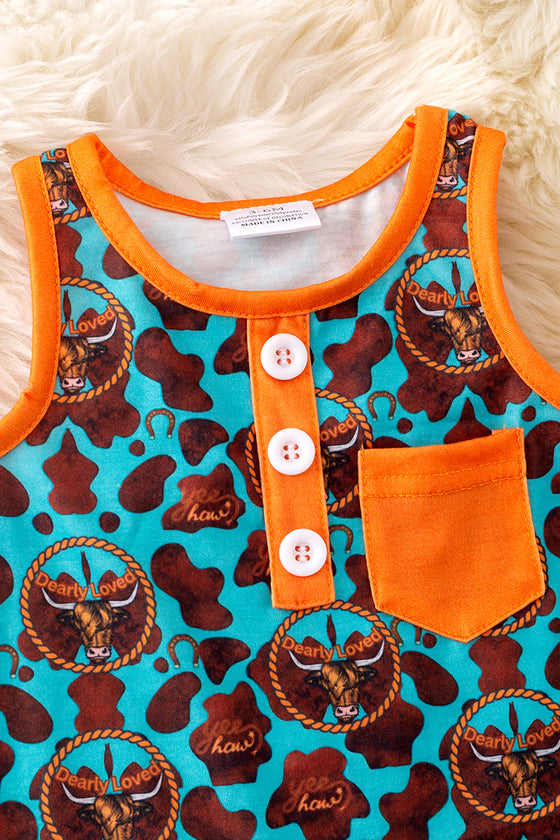 "Dearly Loved" Highland cow printed boys baby romper with snaps. RPB50273 SOL