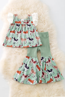  Multi-Cow printed girls tunic & bell bottoms. OFG50912 JEAN