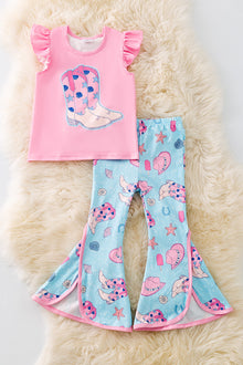  Pink angel sleeve cowgirl boot top & blue pants. OFG50916 JEAN