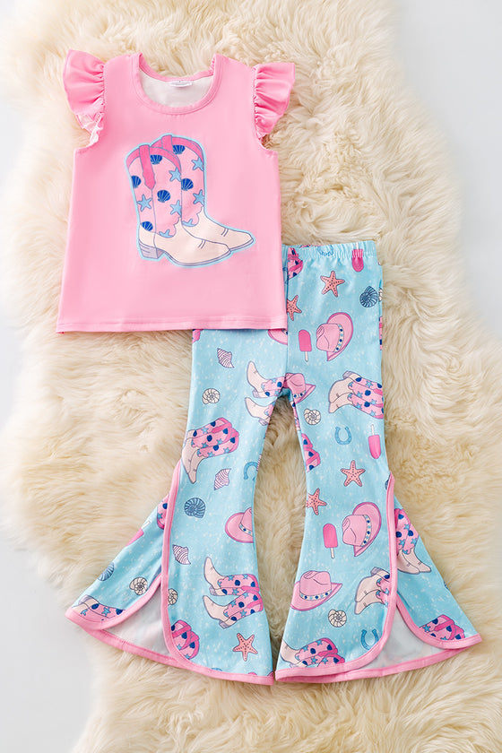 Pink angel sleeve cowgirl boot top & blue pants. OFG50916 JEAN