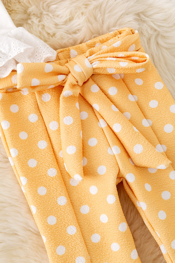 Daisy embroidered crop top & yellow pants w/polka dot. OFG50389 SOL