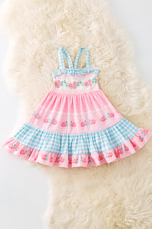  Rose/ blue gingham printed girls ruffle hem. DRG51315 SOL