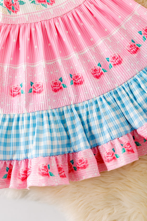 Rose/ blue gingham printed girls ruffle hem. DRG51315 SOL