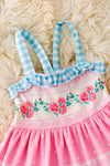 Rose/ blue gingham printed girls ruffle hem. DRG51315 SOL