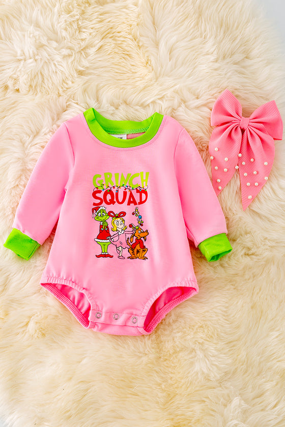 RPG40174-SOL: Pink Christmas character baby onesie with snaps.🎄