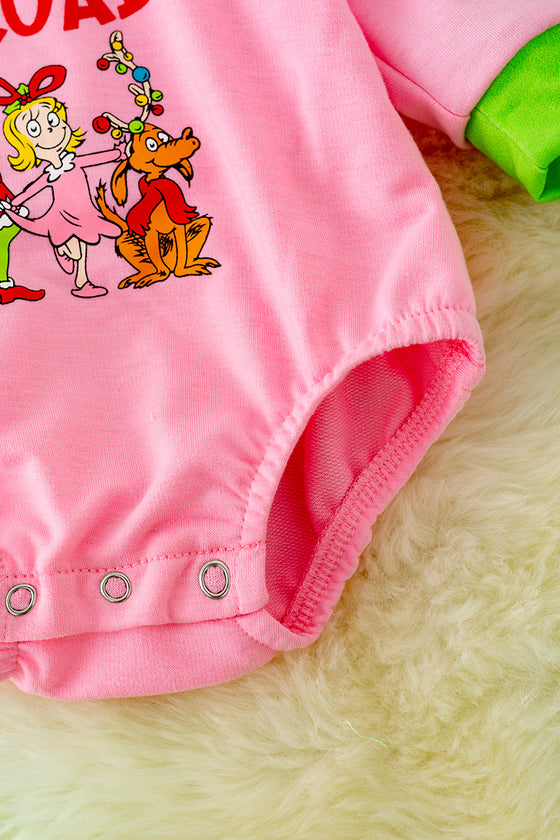 RPG40174-SOL: Pink Christmas character baby onesie with snaps.🎄