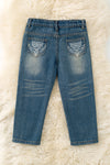 Blue denim pants with back white embroidered pocket. PNB60005 SOL