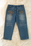 Blue denim pants with back brown embroidered pocket. PNB60015 JEAN