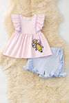 Lt. Pink stripe tunic w/printed pencil & Lt. Blue Stripe shorts w/ ruffle hem. OFG60702 AMY