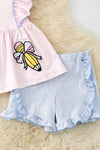 Lt. Pink stripe tunic w/printed pencil & Lt. Blue Stripe shorts w/ ruffle hem. OFG60702 AMY
