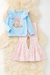 Lt. Blue Sweatshirt with boots applique and floral bell bottoms. OFG61398 MOn