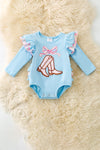 Lt blue boots applique baby bodysuit with floral ruffle on sleeves and ruffle butt. RPG61922 SOL