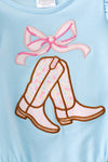 Lt blue boots applique baby bodysuit with floral ruffle on sleeves and ruffle butt. RPG61922 SOL