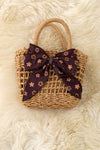Straw girls mini tote bag with brown star printed large bow. BBG40022 M