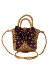 Straw girls mini tote bag with brown star printed large bow. BBG40022 M
