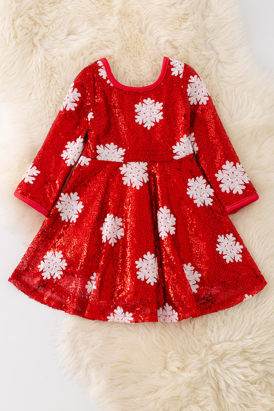 DRG42206-NAY: Snowflake on red flare sequins dress.