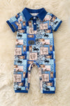 Royal blue trim/Cowboy multi-printed baby jumpsuit with snaps. RPB60322 JEAN
