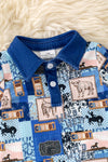 Royal blue trim/Cowboy multi-printed baby jumpsuit with snaps. RPB60322 JEAN