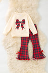 Bow applique ivory long sleeve top and plaid pants. MOFG61365 Mon