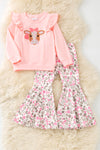 Cow applique on pink sweatshirt with floral bell bottoms. OFG61399 AMY