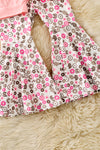 Cow applique on pink sweatshirt with floral bell bottoms. OFG61399 AMY