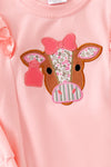 Cow applique on pink sweatshirt with floral bell bottoms. OFG61399 AMY