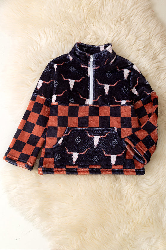 Bull skull & checker printed pullover sweater. (WESTERN) TPB50691 SOL