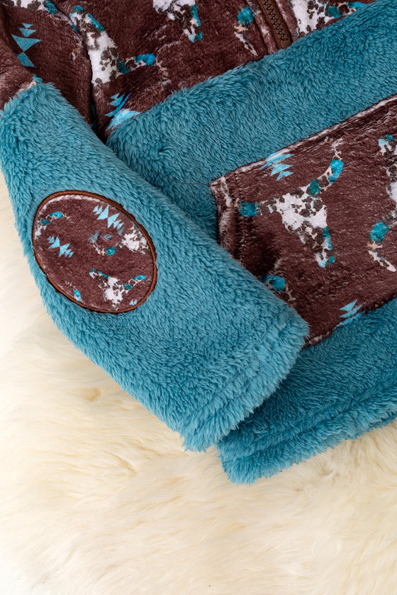 Sherpa & fleece aztec printed on teal pullover. (WESTERN) TPB50690 AMY