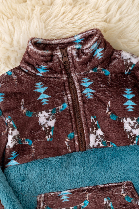 Sherpa & fleece aztec printed on teal pullover. (WESTERN) TPB50690 AMY