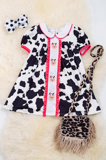  🐮Cow spotted dress with embroidered cows & fuchsia trim🐮DRG15134012 SOL