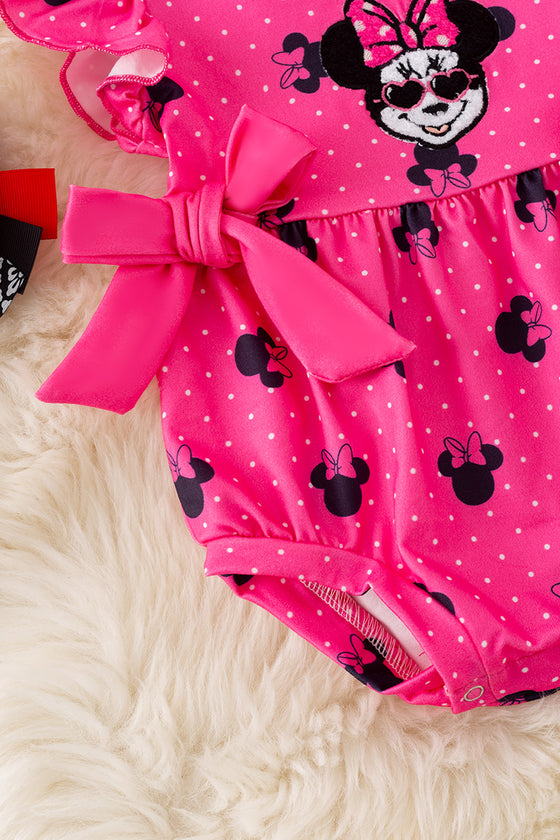 Fuschia M*nnie printed girls baby romper w/snaps. RPG50980 Jean