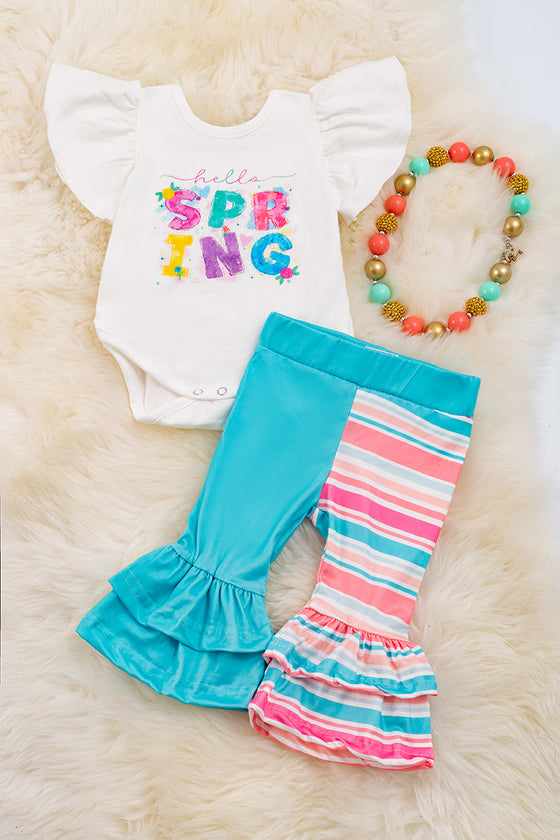 Hello Spring" White angel sleeve baby onesie with turquoise & stripe pants. RPG15204005 SOL