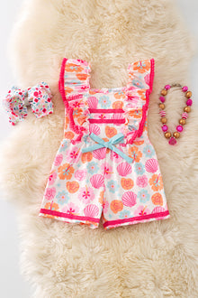  Multi-Color seashell printed girls romper with angel sleeved and fuchsia embroidered detail. PNG50173 AMY