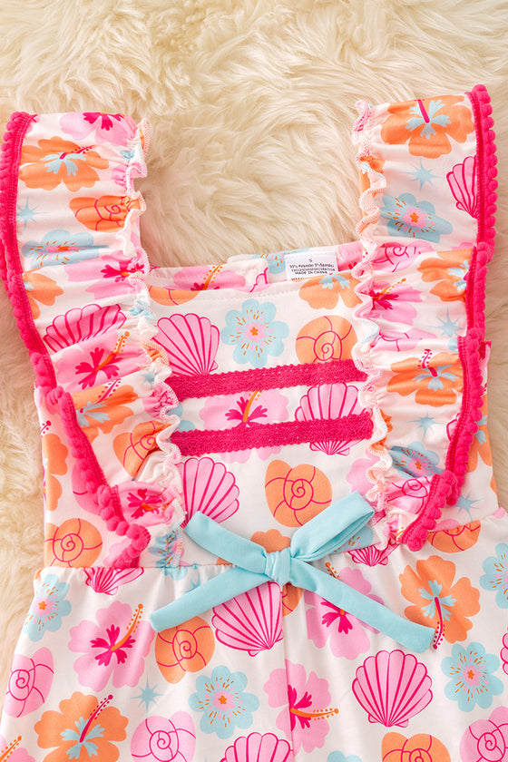Multi-Color seashell printed girls romper with angel sleeved and fuchsia embroidered detail. PNG50173 AMY