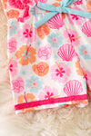 Multi-Color seashell printed girls romper with angel sleeved and fuchsia embroidered detail. PNG50173 AMY