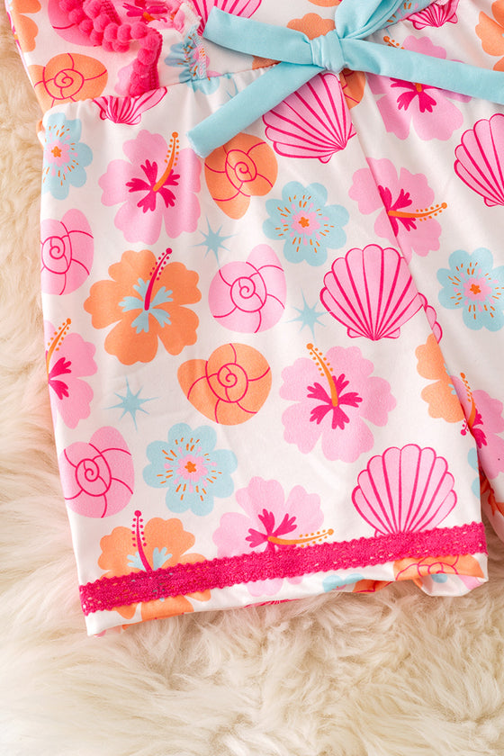 Multi-Color seashell printed girls romper with angel sleeved and fuchsia embroidered detail. PNG50173 AMY