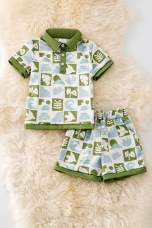  Multi-printed tropical green and blue checker boys 2 piece set. OFB50130 AMY
