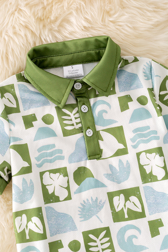 Multi-printed tropical green and blue checker boys 2 piece set. OFB50130 AMY