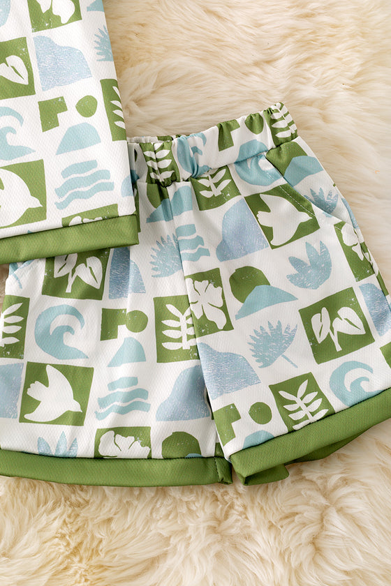 Multi-printed tropical green and blue checker boys 2 piece set. OFB50130 AMY