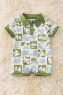  Multi-printed tropical green and blue checker boys baby romper. RPB50288 AMY