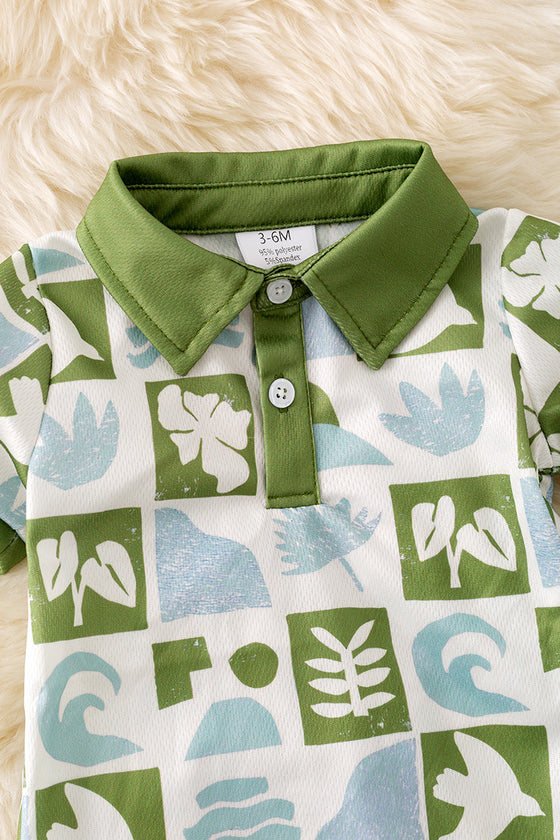 Multi-printed tropical green and blue checker boys baby romper. RPB50288 AMY