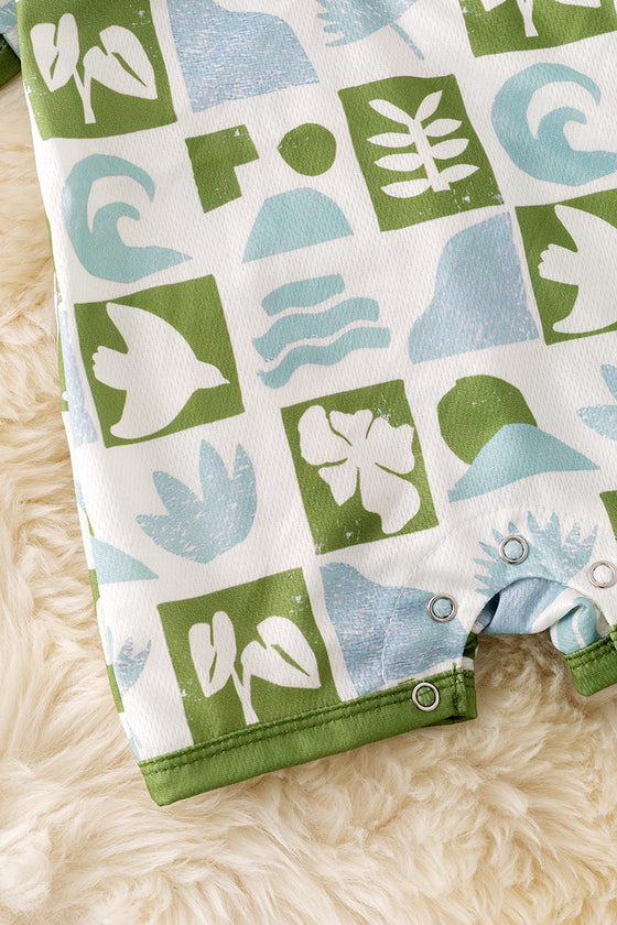 Multi-printed tropical green and blue checker boys baby romper. RPB50288 AMY