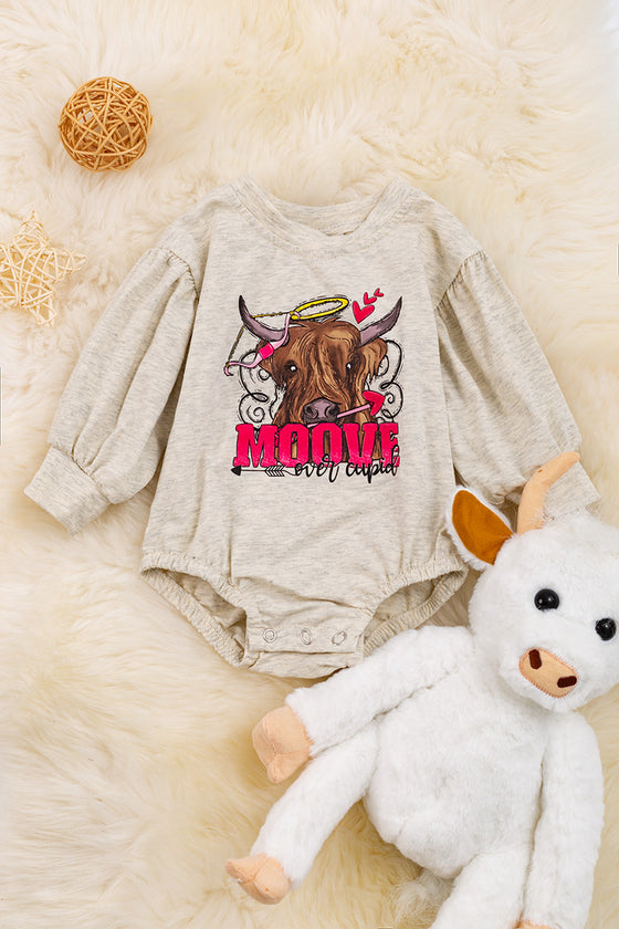 Moove Over Cupid" Highland cow printed long sleeve baby onesie. RPG05203002 SOL