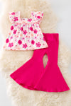 Fuchsia flower printed tunic & ribbed bell bottoms. OFG50911 AMY